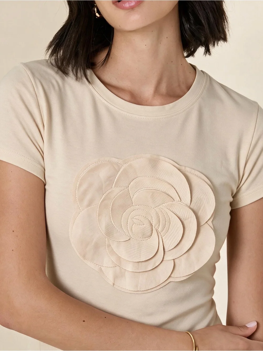 Chanel White Camellia 3D Patchwork Cotton T-Shirt